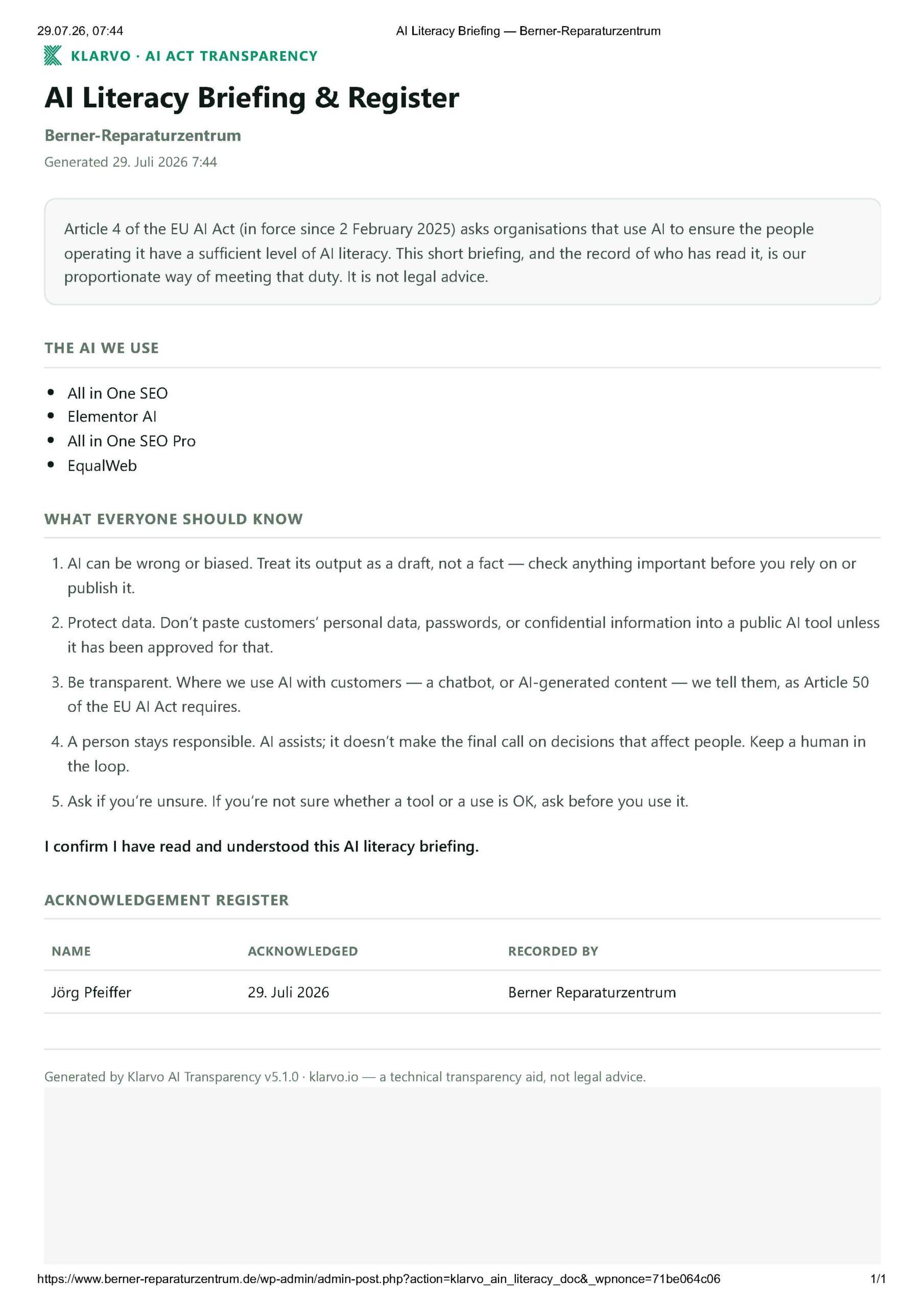 Screenshot of an AI Literacy Briefing page showing title, sections ('The AI We Use', 'What Everyone Should Know') and an acknowledgement table and footer link.