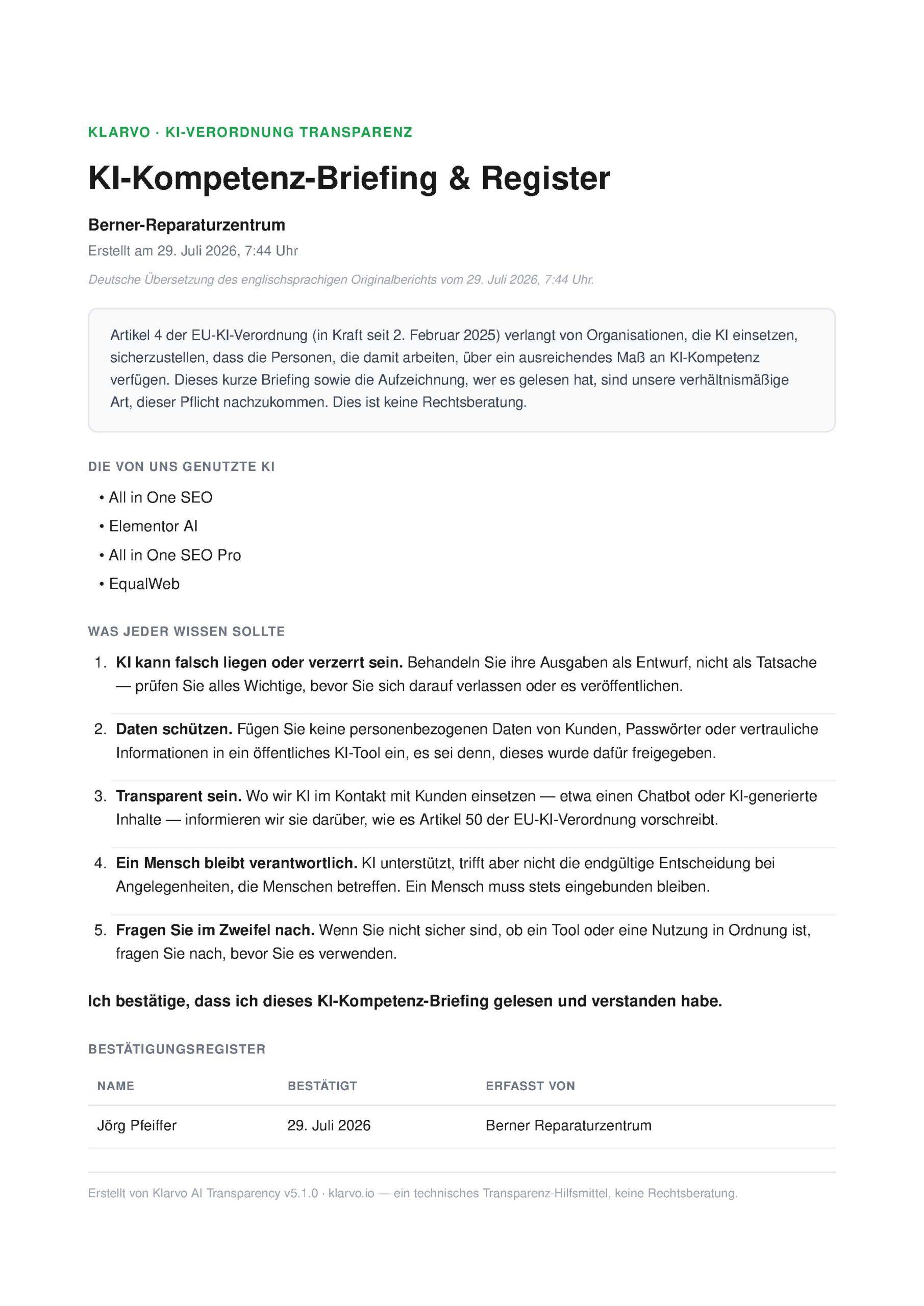 Titelblatt des Dokuments 'KI-Kompetenz-Briefing & Register' mit Einleitungstext und Transparenzkopfzeile (KLARVO).